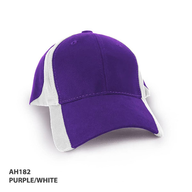 A purple and white cap with a structured design and a logo on the front.