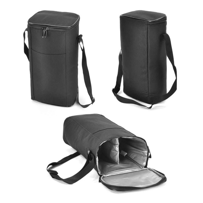A drink bottle holder in black, featuring a zippered top, adjustable shoulder strap, and insulated interior.