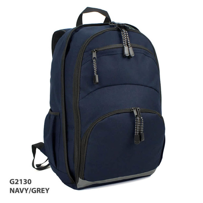 A navy and grey backpack featuring multiple compartments and zippers, with a logo on the front.