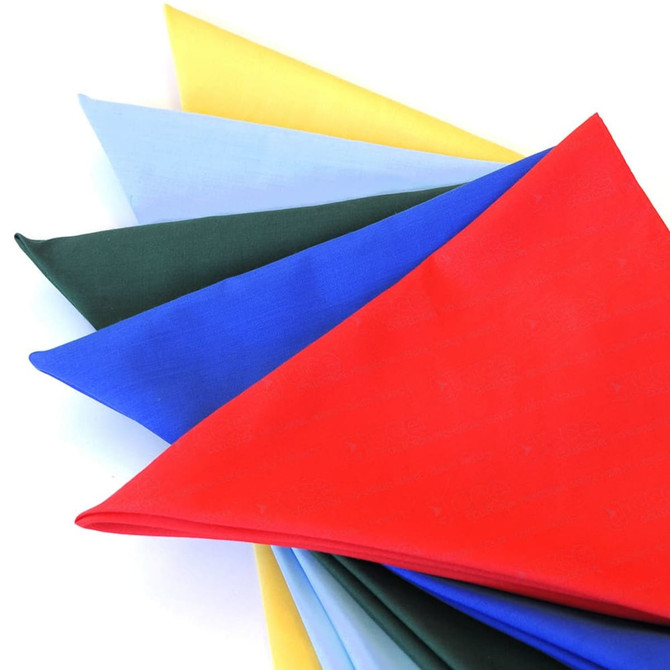 A collection of bandannas in red, blue, green, yellow, and light blue, arranged in a fan shape.