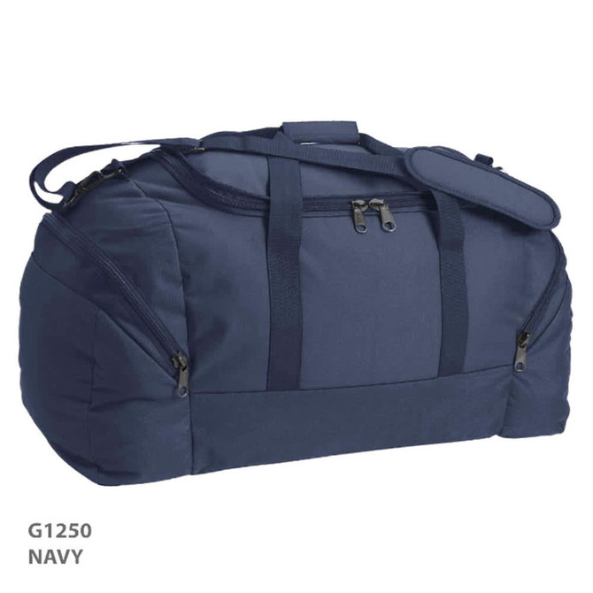 A navy duffle bag with multiple zippered compartments and handles, featuring a logo on the side.
