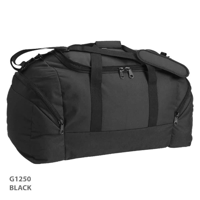 A black duffle bag with multiple compartments and a shoulder strap, featuring a logo.