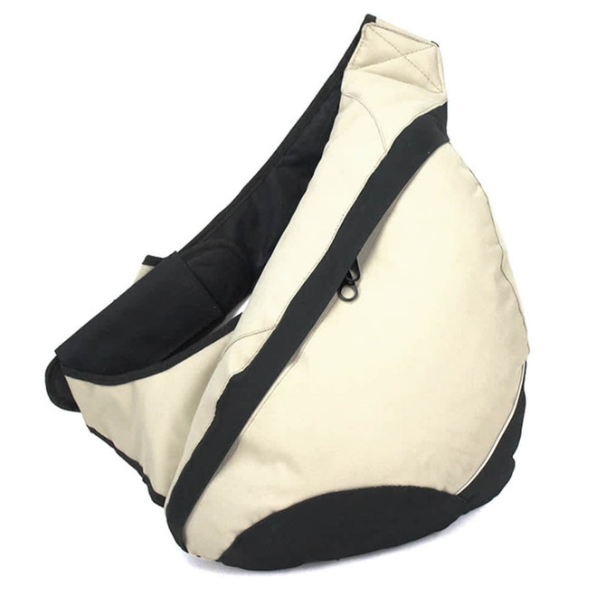 A lightweight slingpack in cream and black, featuring a zip pocket and a logo.