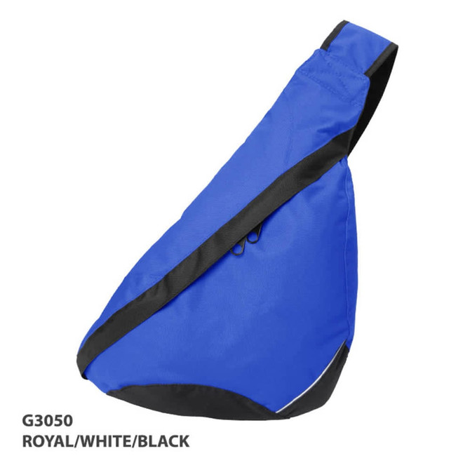 A royal blue slingpack with black and white accents, featuring a logo on the front.