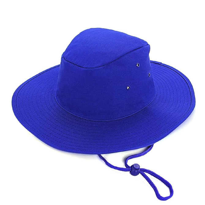 A blue Poly Cotton Slouch Hat with a wide brim and an adjustable chin strap. It features ventilation holes and has a logo.