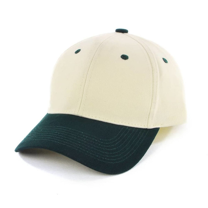 A two-tone cap featuring a beige body and a dark green peak, with a logo on the front.