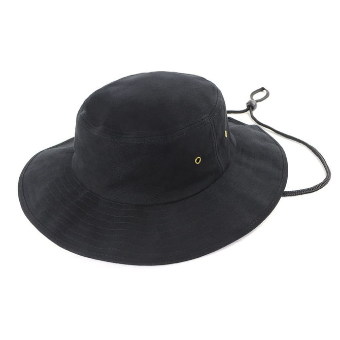 A black bucket hat with a wide brim and adjustable chin strap, featuring gold eyelets for ventilation.