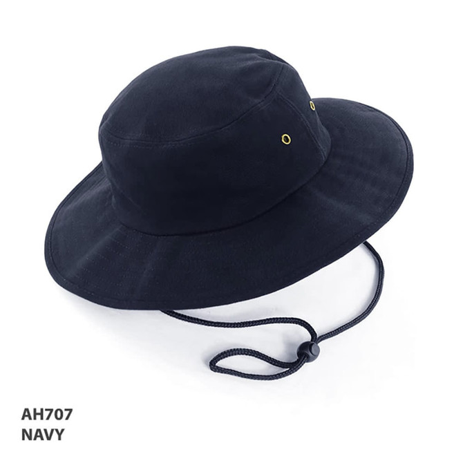 A navy bucket hat with a wide brim, featuring eyelets and an adjustable chin strap.