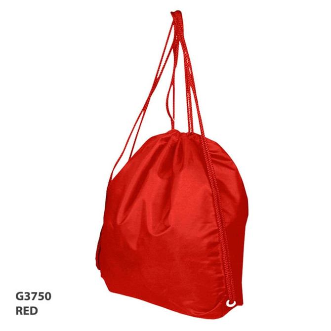 A red drawstring bag with matching cords and a logo, featuring a simple and lightweight design.