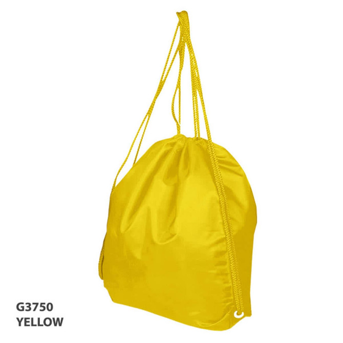 A yellow drawstring bag with matching yellow cords and a logo.