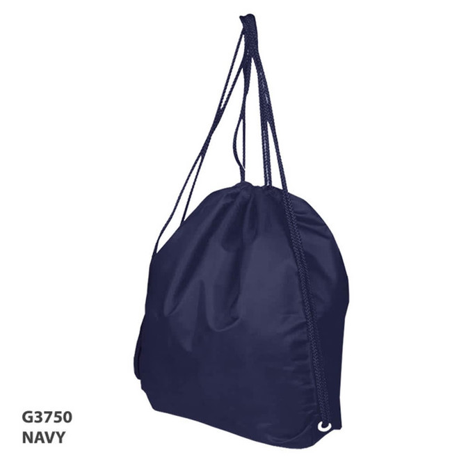 A navy drawstring bag with a cinched top and straps, featuring a logo.
