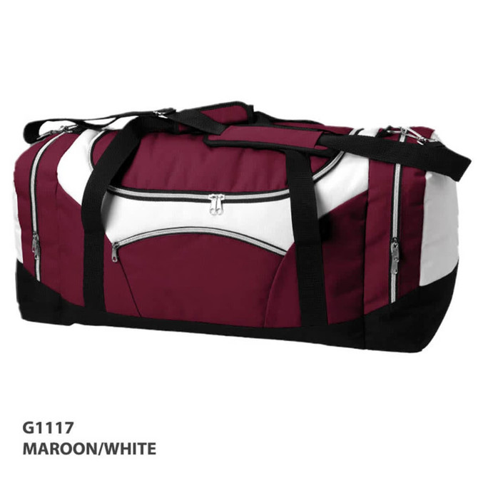 A maroon and white duffle bag with black accents and multiple compartments. It features a logo on the side.