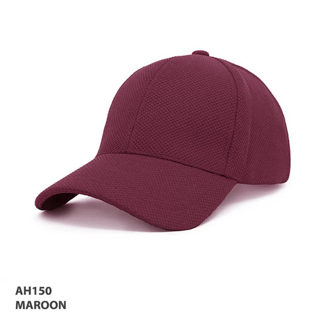 A maroon cap with a textured mesh design and a curved brim, featuring a logo.