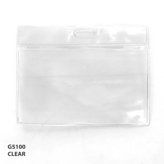A clear vinyl card holder with a top slot for easy attachment, suitable for displaying badges.