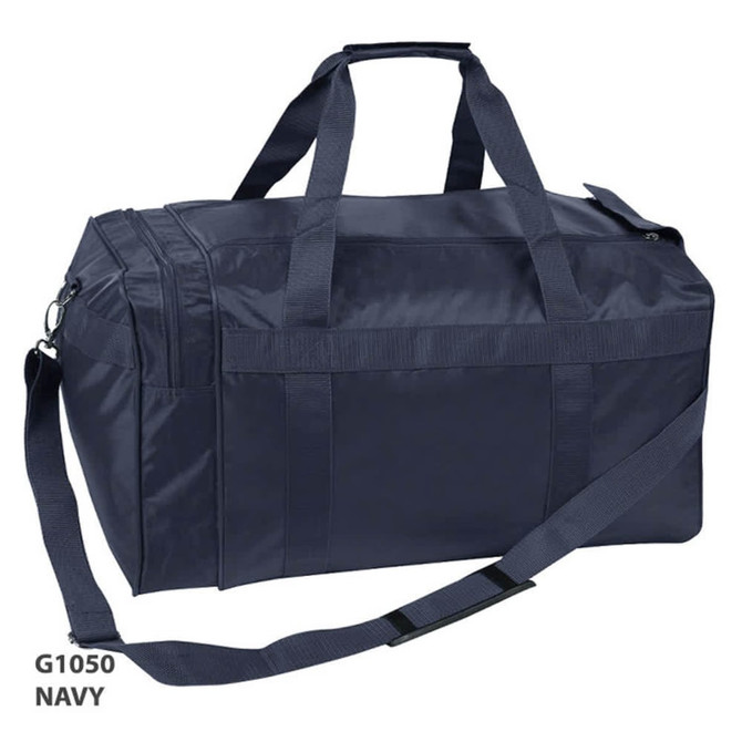 A navy duffle bag with sturdy handles and a detachable shoulder strap, featuring a logo.