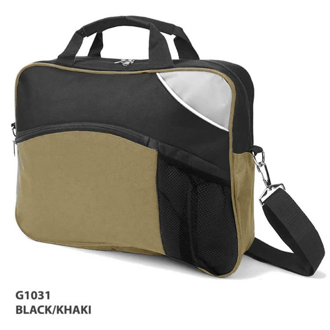 A black and khaki conference bag with a zip closure, shoulder strap, and mesh pocket. It features a logo.
