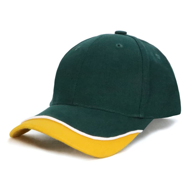 A green cap with a yellow and white trim, featuring a curved peak and a simple logo.