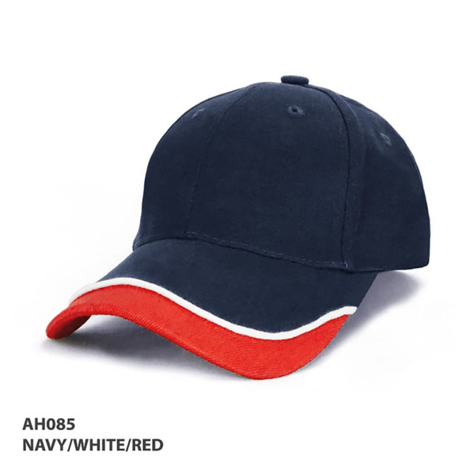A navy, white, and red cap with a logo on the front, featuring a curved brim and an adjustable strap.