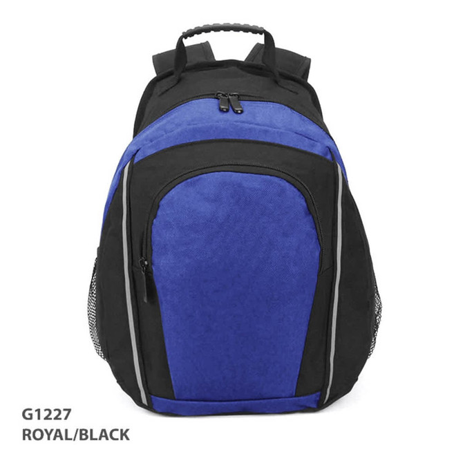 A royal blue and black backpack with multiple compartments and mesh side pockets. Features a handle and a logo.