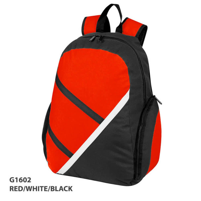 A red, white, and black backpack with a modern design and one visible logo. Features padded straps and zippered compartments.