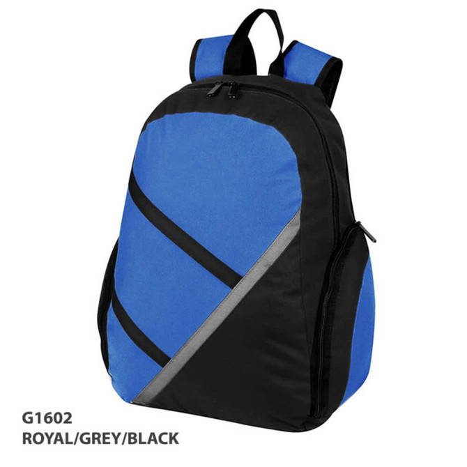 A blue, grey, and black backpack with a sleek design and a logo. Features two shoulder straps and a zippered compartment.