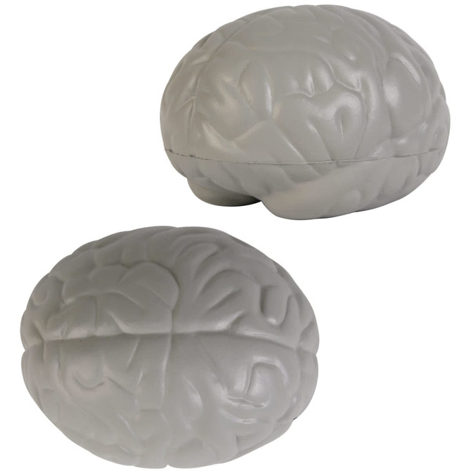 A gray brain-shaped stress reliever, featuring realistic details and a smooth texture, with a logo present.