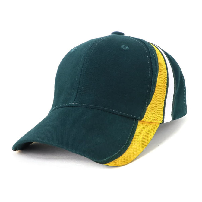 A green cap with mesh contrast sides in yellow and white, featuring a logo on the front.