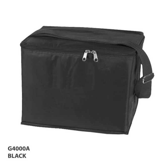 A black cooler bag with a zippered top and a detachable shoulder strap. Features a logo on the side.