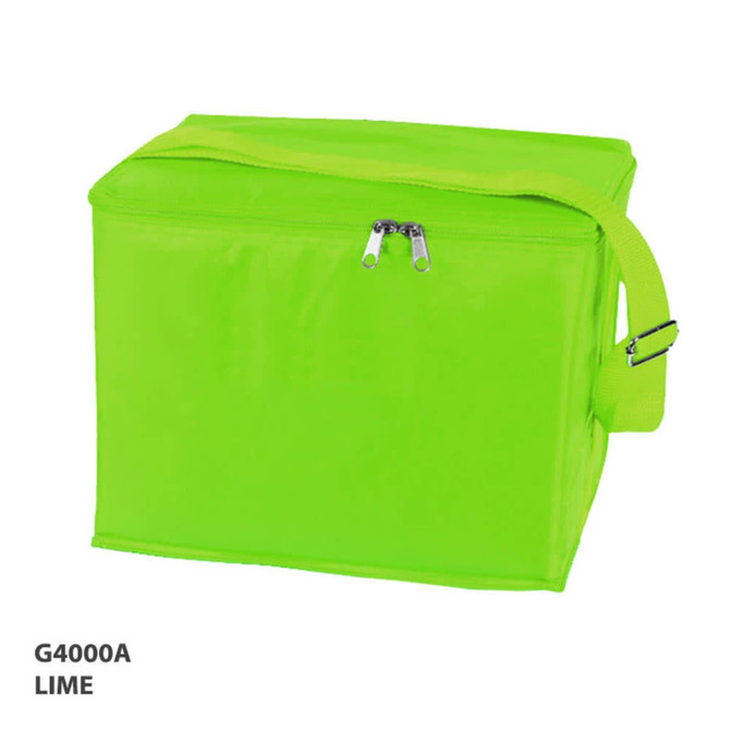 A lime green cooler bag with a zip closure and an adjustable shoulder strap, featuring a logo.