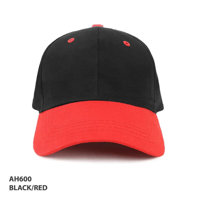 A black and red kids cap featuring a curved brim and stitched details, with a logo on the front.