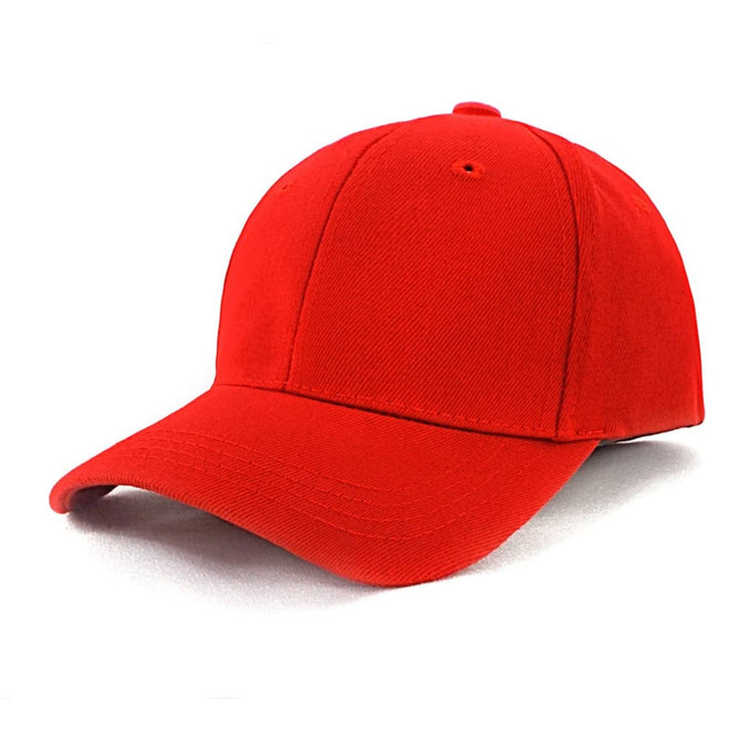 A red cotton spandex cap with a curved peak and a structured design. It features a logo on the front.