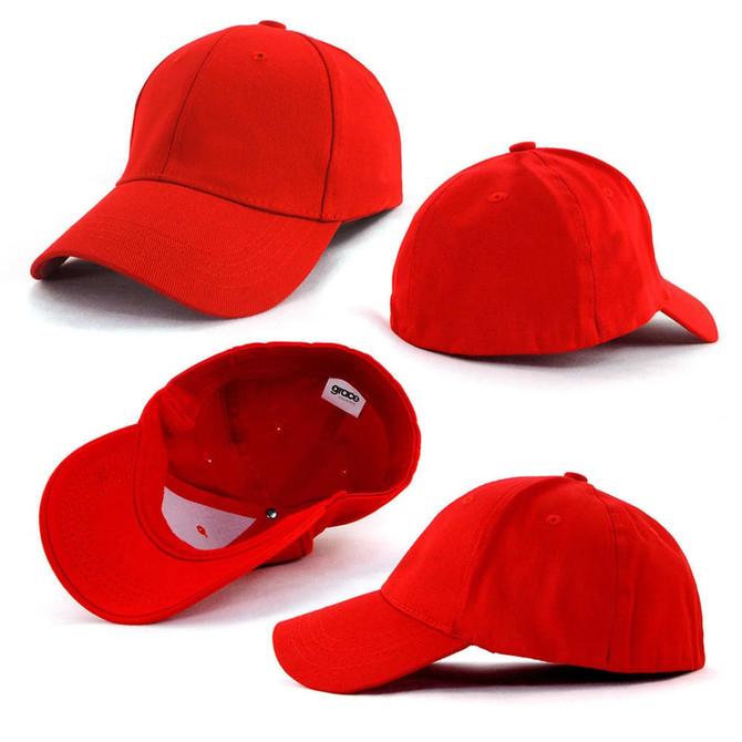 A red cotton spandex cap featuring a curved brim and an internal label, showcasing multiple views of the product.