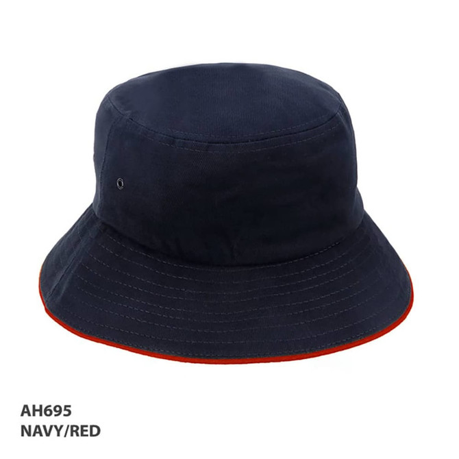 A navy and red bucket hat featuring a logo, perfect for headwear.