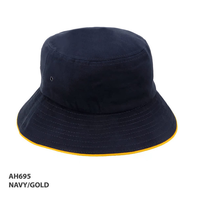 A navy bucket hat with a gold trim and an inner logo on the side. Suitable for outdoor wear.