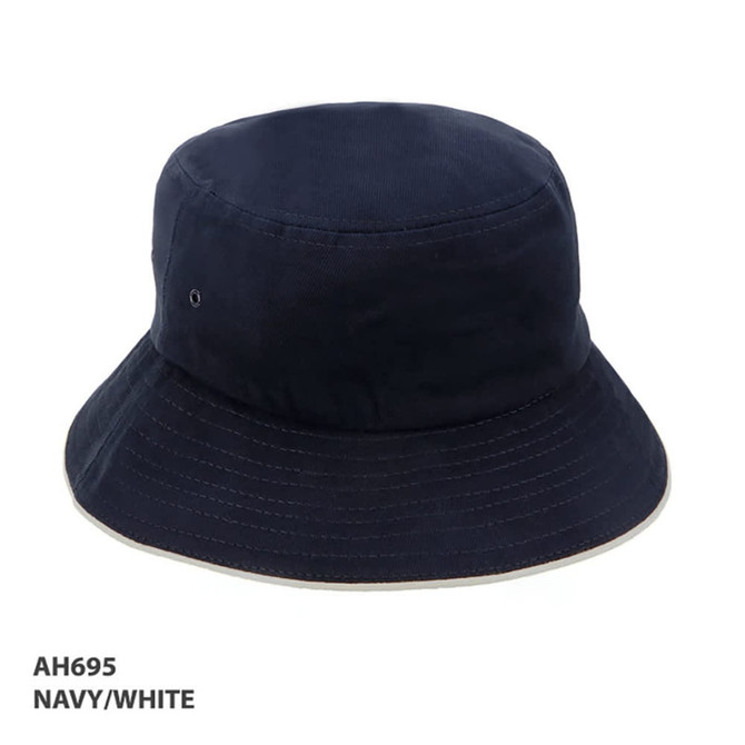 A navy and white bucket hat featuring a branded logo and a wide brim.