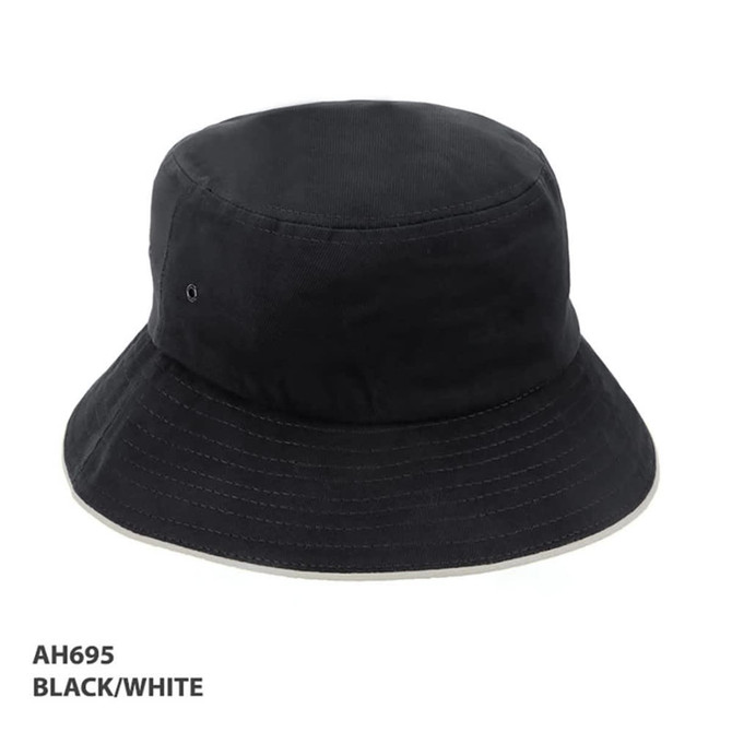 A black bucket hat with a white band at the base, featuring a logo on the side.