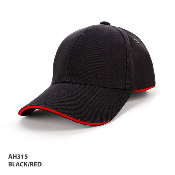 A black cap with a red piping detail, featuring a logo on the side.