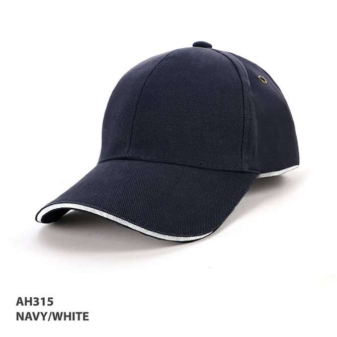 A navy and white cap featuring a subtle piping detail and a logo on the front.