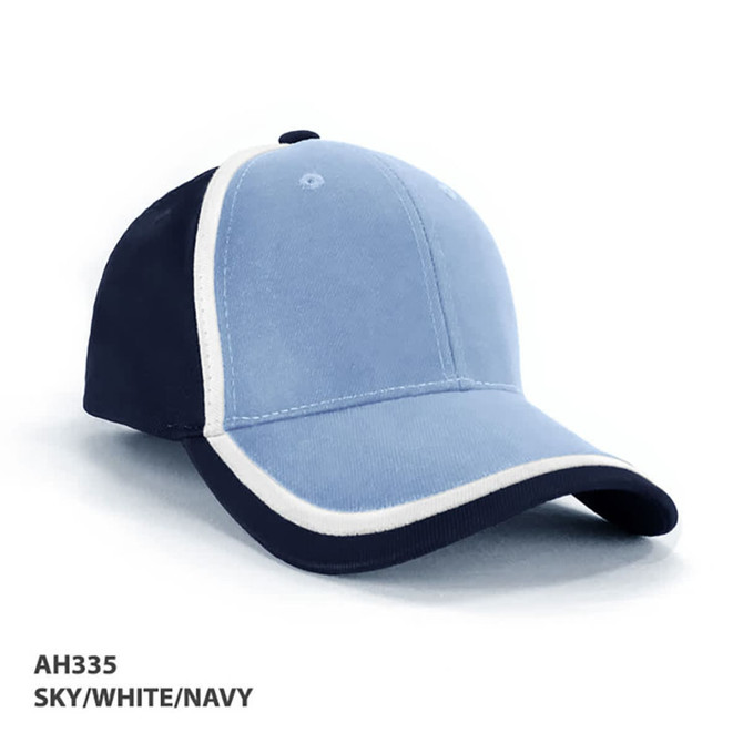 A sky blue cap with navy and white double trim, featuring a logo on the front.