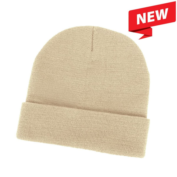 Acrylic beanie in a beige colour with a folded cuff. Features a logo on the side.
