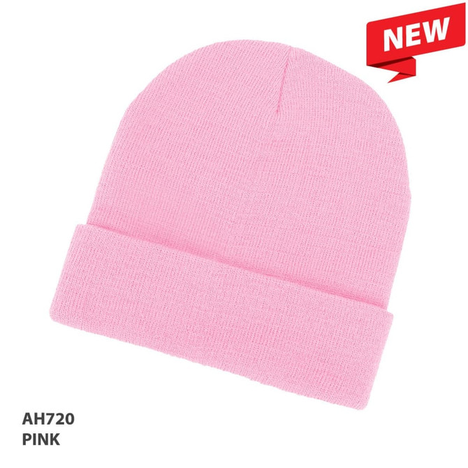Acrylic beanie in bright pink with a folded brim and a logo.