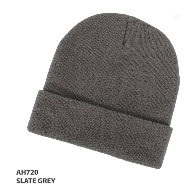 Acrylic beanie in slate grey with a folded cuff and a textured finish. Features a logo.
