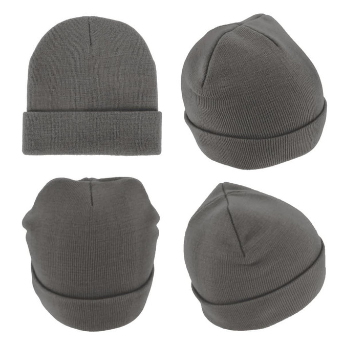 Acrylic beanie in grey, featuring a ribbed texture and a simple design. Includes branding details.