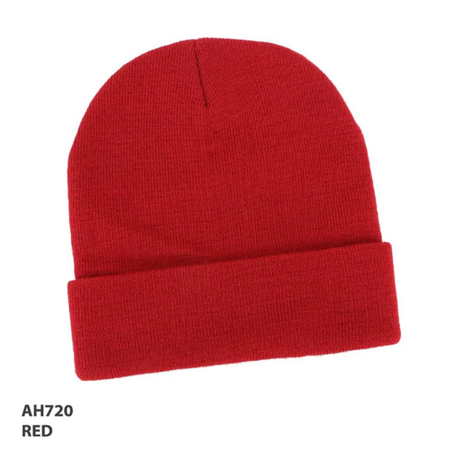 Acrylic beanie in bright red, featuring a folded cuff and a branding logo.