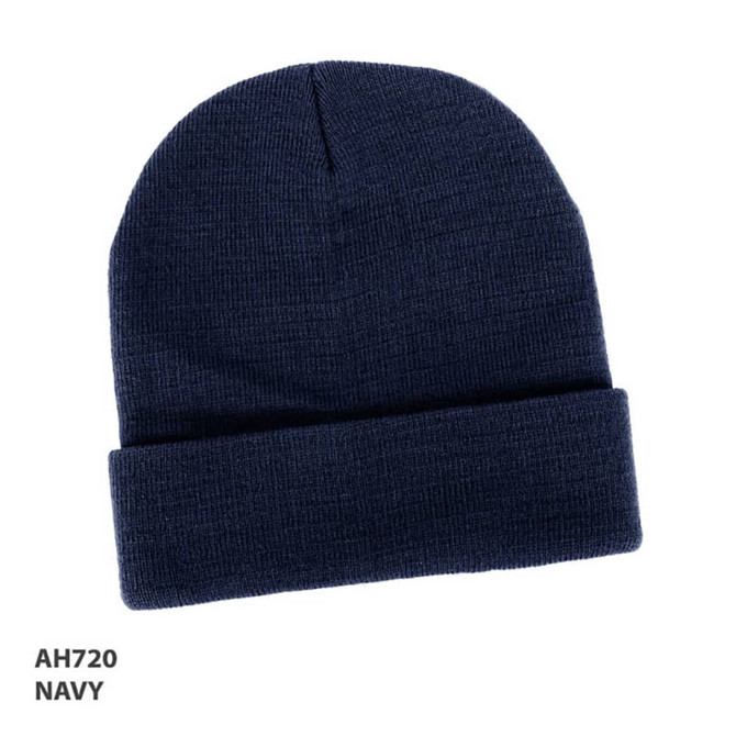 A navy acrylic beanie with a folded cuff and a textured finish, featuring a logo.