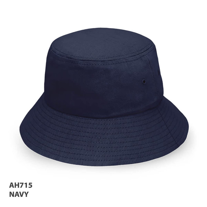 A navy bucket hat with a wide brim and a circular top, featuring a logo.
