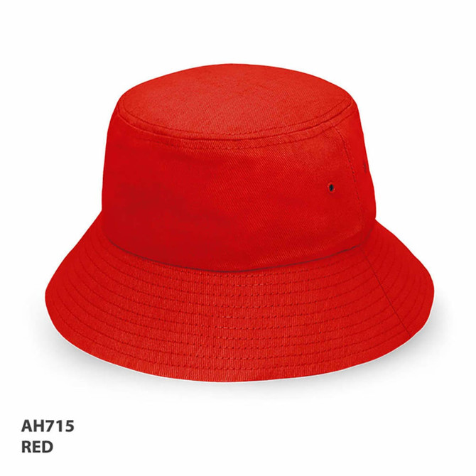 A red bucket hat with a wide brim, featuring a logo and a structured top.