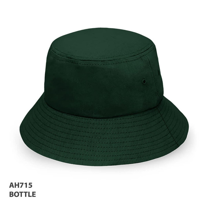 A bottle green bucket hat with a wide brim and a logo branding on the side.