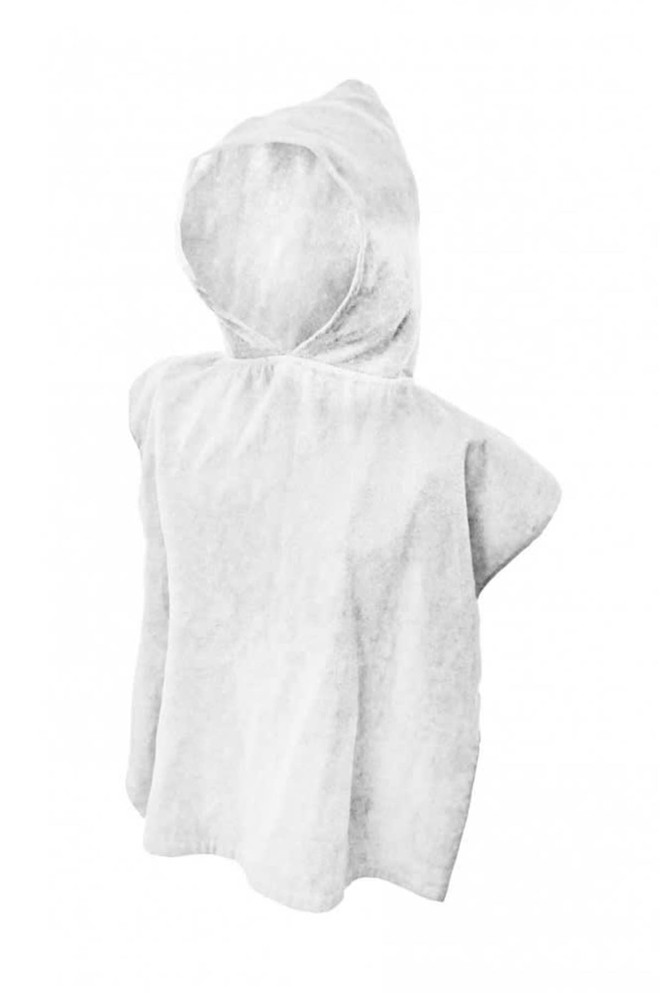 A white hooded towel with a simple design, featuring a hood and short sleeves. It has a logo on it.