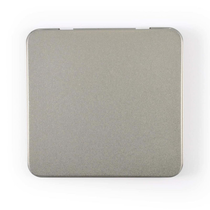 A metal tin box with a flat, silver surface designed to hold colored pencils.